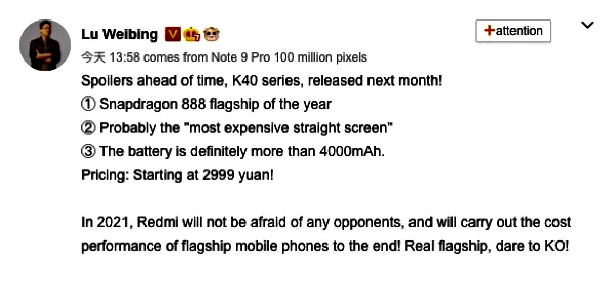 Xiaomi Redmi K40 với chip Snapdragon 888 sẽ ra mắt vào tháng Hai