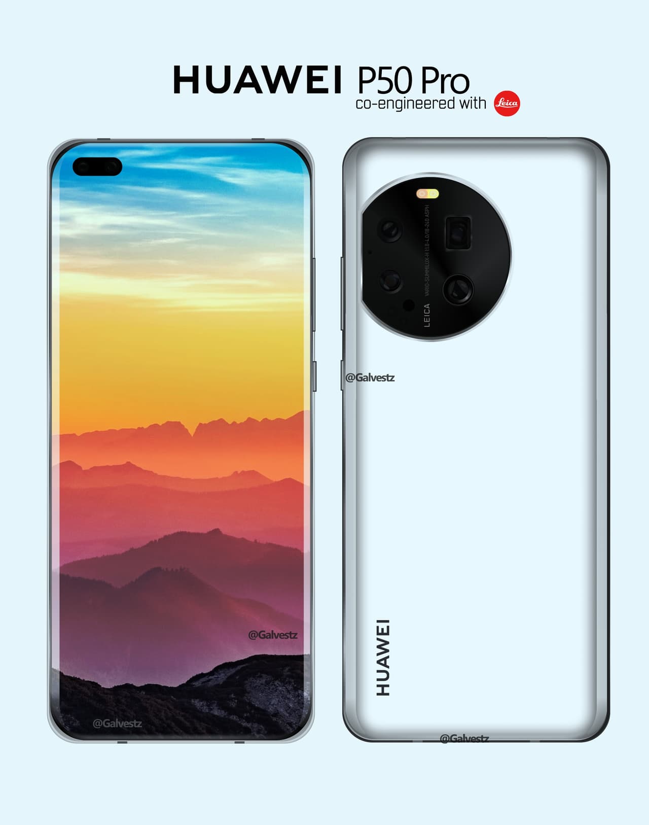 Hình ảnh render cho thấy thiết kế mặt trước của Huawei P50 Pro