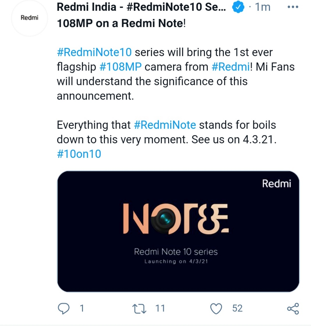 Xiaomi Redmi Note 10: Smartphone đầu tiên được trang bị camera 108MP